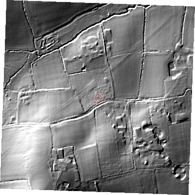 Shaded relief map of the ground around CM28UF, computed from Environment Agency LiDAR. The ground here sits at about 45 m above sea level and falls 30 m across the surrounding 800 m. Surface water reaching this point runs off ground lying to the south-west, 5.6 m higher.