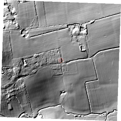 Shaded relief map of the ground around CM28UN, computed from Environment Agency LiDAR. The ground here sits at about 47 m above sea level and falls 22 m across the surrounding 800 m. Surface water reaching this point runs off ground lying to the west-north-west, 4.2 m higher.