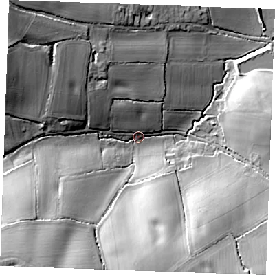 Shaded relief map of the ground around CM28UX, computed from Environment Agency LiDAR. The ground here sits at about 48 m above sea level and falls 25 m across the surrounding 800 m. Surface water reaching this point runs off ground lying to the north-west, 19.8 m higher.