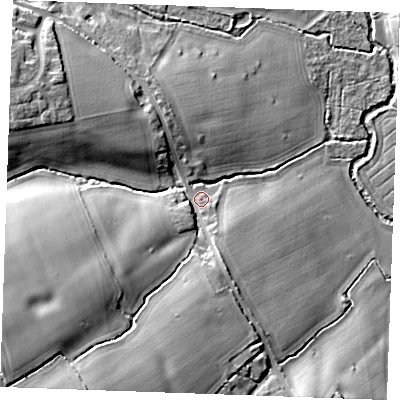 Shaded relief map of the ground around CM31AG, computed from Environment Agency LiDAR. The ground here sits at about 36 m above sea level and falls 20 m across the surrounding 800 m. Surface water reaching this point runs off ground lying to the west-south-west, 15.9 m higher.
