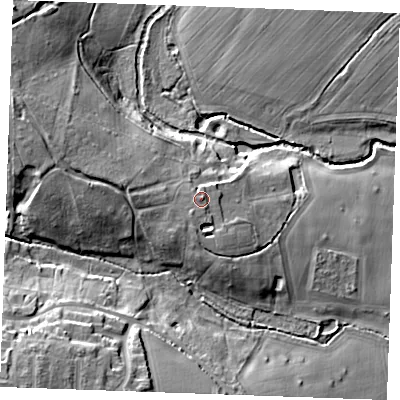 Shaded relief map of the ground around CM31AH, computed from Environment Agency LiDAR. The ground here sits at about 41 m above sea level and falls 17 m across the surrounding 800 m. Surface water reaching this point runs off ground lying to the west, 2.2 m higher.