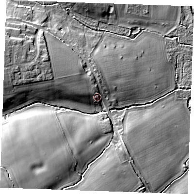 Shaded relief map of the ground around CM31AQ, computed from Environment Agency LiDAR. The ground here sits at about 39 m above sea level and falls 21 m across the surrounding 800 m. Surface water reaching this point runs off ground lying to the north-west, 4.2 m higher.