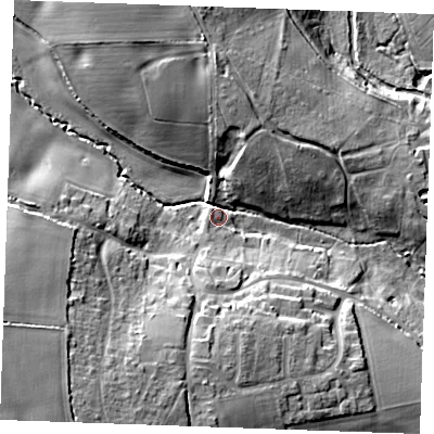 Shaded relief map of the ground around CM31AS, computed from Environment Agency LiDAR. The ground here sits at about 38 m above sea level and falls 22 m across the surrounding 800 m. Surface water reaching this point runs off ground lying to the south-west, 16.6 m higher.