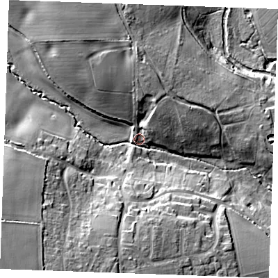 Shaded relief map of the ground around CM31AT, computed from Environment Agency LiDAR. The ground here sits at about 38 m above sea level and falls 22 m across the surrounding 800 m. Surface water reaching this point runs off ground lying to the south-west, 16.6 m higher.