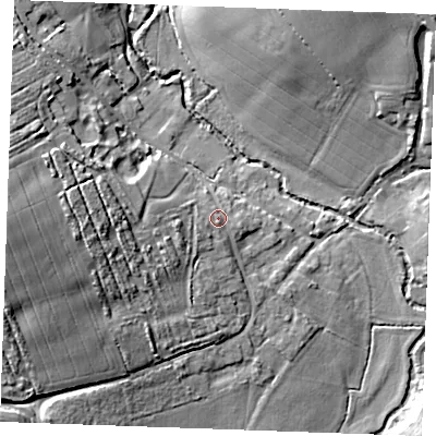 Shaded relief map of the ground around CM31BG, computed from Environment Agency LiDAR. The ground here sits at about 39 m above sea level and falls 21 m across the surrounding 800 m. Surface water reaching this point runs off ground lying to the west-south-west, 2.7 m higher.