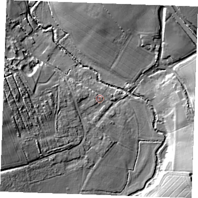 Shaded relief map of the ground around CM31BP, computed from Environment Agency LiDAR. The ground here sits at about 37 m above sea level and falls 18 m across the surrounding 800 m. Surface water reaching this point runs off ground lying to the west, 3.9 m higher.