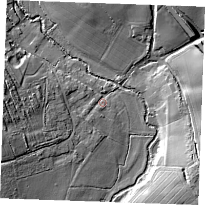 Shaded relief map of the ground around CM31BS, computed from Environment Agency LiDAR. The ground here sits at about 36 m above sea level and falls 18 m across the surrounding 800 m. Surface water reaching this point runs off ground lying to the south-west, 3.3 m higher.