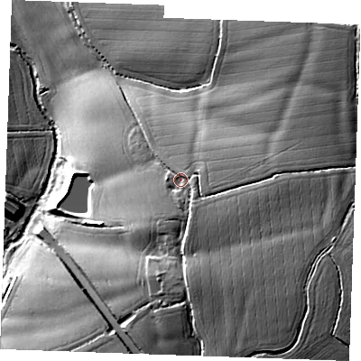 Shaded relief map of the ground around CM31BT, computed from Environment Agency LiDAR. The ground here sits at about 54 m above sea level and falls 29 m across the surrounding 800 m. Surface water reaching this point runs off ground lying to the south-east, 3.2 m higher.