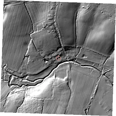 Shaded relief map of the ground around CM31FH, computed from Environment Agency LiDAR. The ground here sits at about 39 m above sea level and falls 26 m across the surrounding 800 m. Surface water reaching this point runs off ground lying to the north, 8.7 m higher.