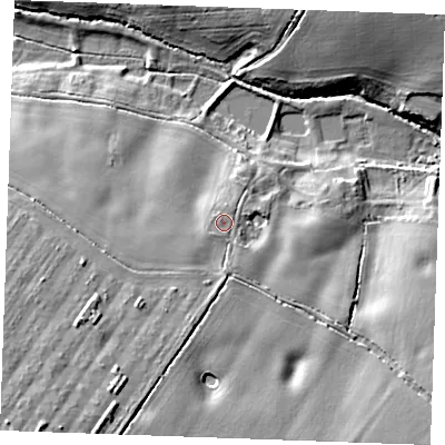 Shaded relief map of the ground around CM31JP, computed from Environment Agency LiDAR. The ground here sits at about 60 m above sea level and falls 22 m across the surrounding 800 m. Surface water reaching this point runs off ground lying to the south-west, 11.7 m higher.
