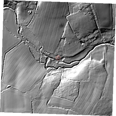 Shaded relief map of the ground around CM31JZ, computed from Environment Agency LiDAR. The ground here sits at about 38 m above sea level and falls 24 m across the surrounding 800 m. Surface water reaching this point runs off ground lying to the north, 15.7 m higher.
