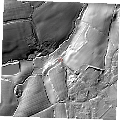 Shaded relief map of the ground around CM31LL, computed from Environment Agency LiDAR. The ground here sits at about 50 m above sea level and falls 29 m across the surrounding 800 m. Surface water reaching this point runs off ground lying to the south-south-east, 19.9 m higher.