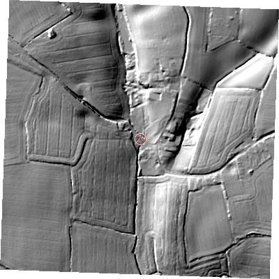 Shaded relief map of the ground around CM32BA, computed from Environment Agency LiDAR. The ground here sits at about 39 m above sea level and falls 27 m across the surrounding 800 m. Surface water reaching this point runs off ground lying to the north-west, 20.3 m higher.