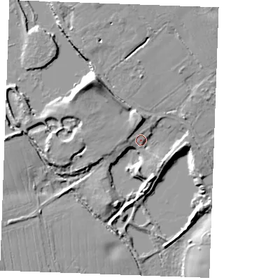 Shaded relief map of the ground around CM33AU, computed from Environment Agency LiDAR. The ground here sits at about 42 m above sea level and falls 17 m across the surrounding 800 m. Surface water reaching this point runs off ground lying to the north-west, 12.2 m higher.