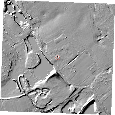 Shaded relief map of the ground around CM33AY, computed from Environment Agency LiDAR. The ground here sits at about 46 m above sea level and falls 15 m across the surrounding 800 m. Surface water reaching this point runs off ground lying to the north-north-east, 3.5 m higher.