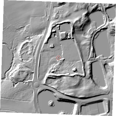 Shaded relief map of the ground around CM33FY, computed from Environment Agency LiDAR. The ground here sits at about 45 m above sea level and falls 31 m across the surrounding 800 m. Surface water reaching this point runs off ground lying to the south-east, 13.8 m higher.