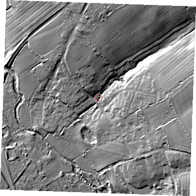 Shaded relief map of the ground around CM33LN, computed from Environment Agency LiDAR. The ground here sits at about 35 m above sea level and falls 22 m across the surrounding 800 m. Surface water reaching this point runs off ground lying to the east, 16.6 m higher.