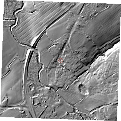 Shaded relief map of the ground around CM33NT, computed from Environment Agency LiDAR. The ground here sits at about 34 m above sea level and falls 22 m across the surrounding 800 m. Surface water reaching this point runs off ground lying to the north-north-east, 17.3 m higher.