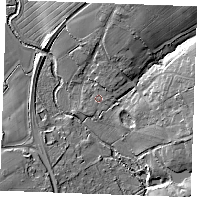 Shaded relief map of the ground around CM33NU, computed from Environment Agency LiDAR. The ground here sits at about 33 m above sea level and falls 19 m across the surrounding 800 m. Surface water reaching this point runs off ground lying to the north-north-east, 5.3 m higher.