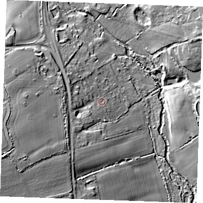 Shaded relief map of the ground around CM33PB, computed from Environment Agency LiDAR. The ground here sits at about 35 m above sea level and falls 23 m across the surrounding 800 m. Surface water reaching this point runs off ground lying to the south-west, 16.3 m higher.