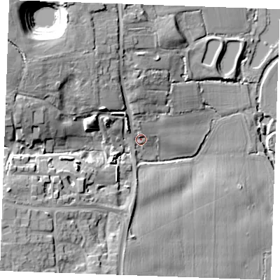 Shaded relief map of the ground around CM33PJ, computed from Environment Agency LiDAR. The ground here sits at about 36 m above sea level and falls 24 m across the surrounding 800 m. Surface water reaching this point runs off ground lying to the north-west, 15.5 m higher.