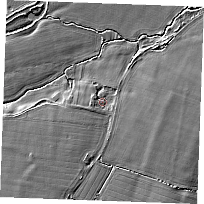 Shaded relief map of the ground around CM34BG, computed from Environment Agency LiDAR. The ground here sits at about 18 m above sea level and falls 6 m across the surrounding 800 m. Surface water reaching this point runs off ground lying to the south-south-west, 3.2 m higher.