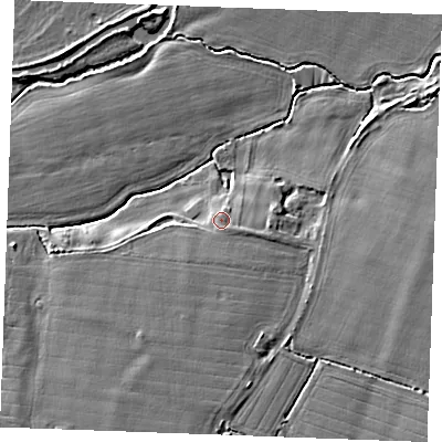 Shaded relief map of the ground around CM34BQ, computed from Environment Agency LiDAR. The ground here sits at about 18 m above sea level and falls 6 m across the surrounding 800 m. Surface water reaching this point runs off ground lying to the east-south-east, 0.9 m higher.