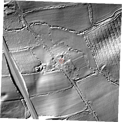 Shaded relief map of the ground around CM38EE, computed from Environment Agency LiDAR. The ground here sits at about 40 m above sea level and falls 18 m across the surrounding 800 m. Surface water reaching this point runs off ground lying to the south-south-east, 2.4 m higher.