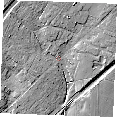 Shaded relief map of the ground around CM40BA, computed from Environment Agency LiDAR. The ground here sits at about 63 m above sea level and falls 22 m across the surrounding 800 m. Surface water reaching this point runs off ground lying to the north-west, 12.7 m higher.