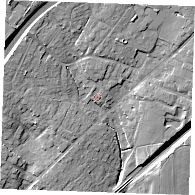 Shaded relief map of the ground around CM40BU, computed from Environment Agency LiDAR. The ground here sits at about 65 m above sea level and falls 24 m across the surrounding 800 m. Surface water reaching this point runs off ground lying to the north, 4.7 m higher.