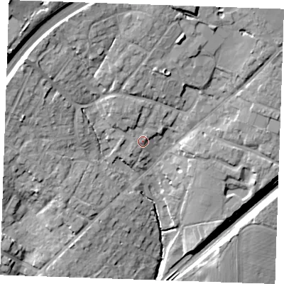 Shaded relief map of the ground around CM40BY, computed from Environment Agency LiDAR. The ground here sits at about 66 m above sea level and falls 24 m across the surrounding 800 m. Surface water reaching this point runs off ground lying to the north-north-west, 4.4 m higher.
