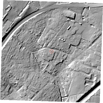 Shaded relief map of the ground around CM40DD, computed from Environment Agency LiDAR. The ground here sits at about 69 m above sea level and falls 23 m across the surrounding 800 m. Surface water reaching this point runs off ground lying to the north-north-east, 5.5 m higher.