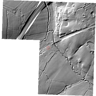 Shaded relief map of the ground around CM40EG, computed from Environment Agency LiDAR. The ground here sits at about 43 m above sea level and falls 22 m across the surrounding 800 m. Surface water reaching this point runs off ground lying to the south-west, 3.6 m higher.