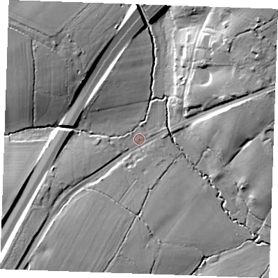 Shaded relief map of the ground around CM40EQ, computed from Environment Agency LiDAR. The ground here sits at about 43 m above sea level and falls 22 m across the surrounding 800 m. Surface water reaching this point runs off ground lying to the south-west, 16.6 m higher.