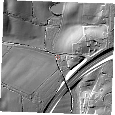 Shaded relief map of the ground around CM40EW, computed from Environment Agency LiDAR. The ground here sits at about 46 m above sea level and falls 30 m across the surrounding 800 m. Surface water reaching this point runs off ground lying to the north-east, 28.6 m higher.