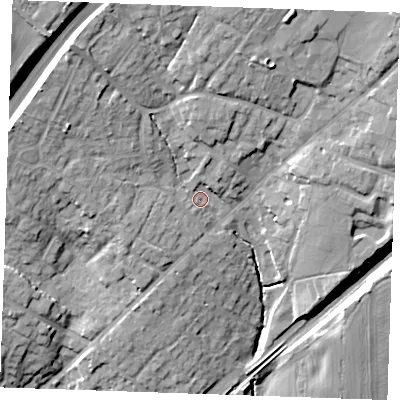 Shaded relief map of the ground around CM40FG, computed from Environment Agency LiDAR. The ground here sits at about 64 m above sea level and falls 23 m across the surrounding 800 m. Surface water reaching this point runs off ground lying to the north-west, 11.9 m higher.