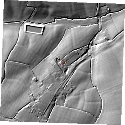 Shaded relief map of the ground around CM40LU, computed from Environment Agency LiDAR. The ground here sits at about 64 m above sea level and falls 28 m across the surrounding 800 m. Surface water reaching this point runs off ground lying to the west-south-west, 2.6 m higher.