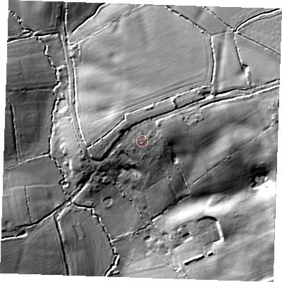 Shaded relief map of the ground around CM40NZ, computed from Environment Agency LiDAR. The ground here sits at about 78 m above sea level and falls 23 m across the surrounding 800 m. Surface water reaching this point runs off ground lying to the east-north-east, 4.8 m higher.