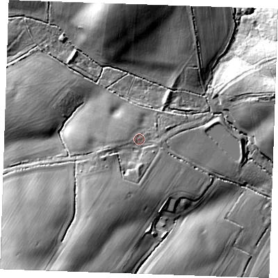 Shaded relief map of the ground around CM40PU, computed from Environment Agency LiDAR. The ground here sits at about 60 m above sea level and falls 29 m across the surrounding 800 m. Surface water reaching this point runs off ground lying to the south-south-west, 15.2 m higher.