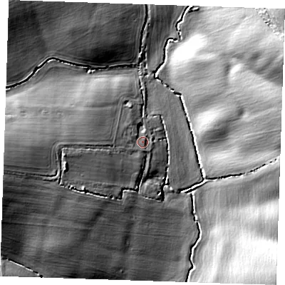 Shaded relief map of the ground around CM40QE, computed from Environment Agency LiDAR. The ground here sits at about 68 m above sea level and falls 16 m across the surrounding 800 m. Surface water reaching this point runs off ground lying to the west, 5.5 m higher.