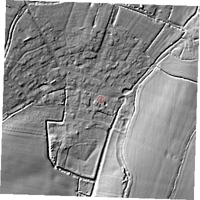 Shaded relief map of the ground around CM40RR, computed from Environment Agency LiDAR. The ground here sits at about 71 m above sea level and falls 11 m across the surrounding 800 m. Surface water reaching this point runs off ground lying to the north-west, 1.8 m higher.