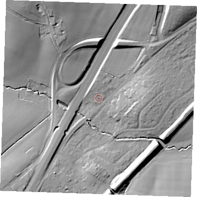 Shaded relief map of the ground around CM49AE, computed from Environment Agency LiDAR. The ground here sits at about 52 m above sea level and falls 27 m across the surrounding 800 m. Surface water reaching this point runs off ground lying to the north-north-west, 22.8 m higher.
