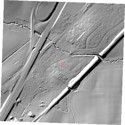 Shaded relief map of the ground around CM49AJ, computed from Environment Agency LiDAR. The ground here sits at about 52 m above sea level and falls 18 m across the surrounding 800 m. Surface water reaching this point runs off ground lying to the south-west, 10.4 m higher.