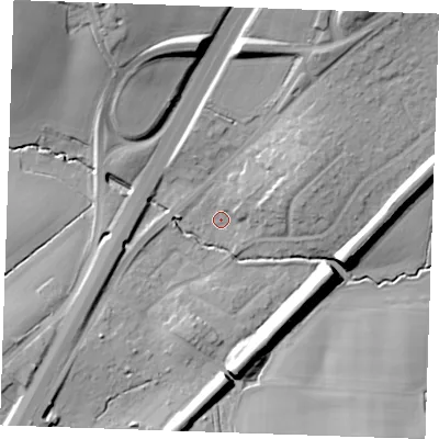 Shaded relief map of the ground around CM49AR, computed from Environment Agency LiDAR. The ground here sits at about 51 m above sea level and falls 23 m across the surrounding 800 m. Surface water reaching this point runs off ground lying to the east-north-east, 8.0 m higher.