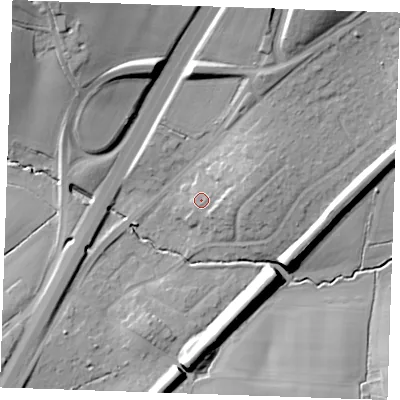 Shaded relief map of the ground around CM49DR, computed from Environment Agency LiDAR. The ground here sits at about 54 m above sea level and falls 26 m across the surrounding 800 m. Surface water reaching this point runs off ground lying to the east-north-east, 5.1 m higher.