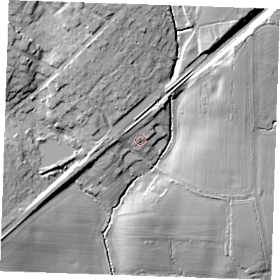 Shaded relief map of the ground around CM49NN, computed from Environment Agency LiDAR. The ground here sits at about 56 m above sea level and falls 21 m across the surrounding 800 m. Surface water reaching this point runs off ground lying to the north-north-east, 3.9 m higher.