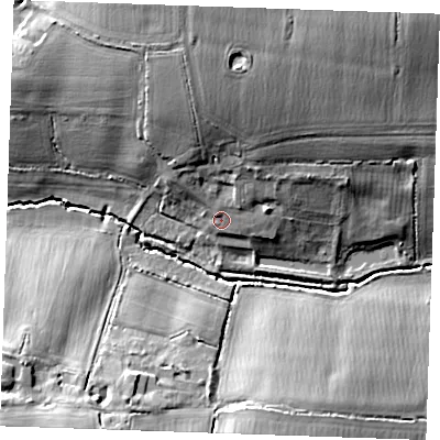 Shaded relief map of the ground around CM49NS, computed from Environment Agency LiDAR. The ground here sits at about 47 m above sea level and falls 20 m across the surrounding 800 m. Surface water reaching this point runs off ground lying to the north, 10.2 m higher.