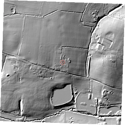 Shaded relief map of the ground around CM49PD, computed from Environment Agency LiDAR. The ground here sits at about 62 m above sea level and falls 26 m across the surrounding 800 m. Surface water reaching this point runs off ground lying to the north-north-west, 3.3 m higher.