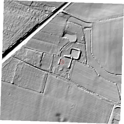 Shaded relief map of the ground around CM49QN, computed from Environment Agency LiDAR. The ground here sits at about 53 m above sea level and falls 29 m across the surrounding 800 m. Surface water reaching this point runs off ground lying to the west, 9.8 m higher.