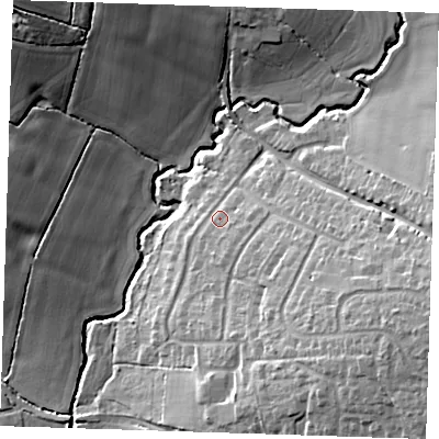 Shaded relief map of the ground around CM50AT, computed from Environment Agency LiDAR. The ground here sits at about 51 m above sea level and falls 22 m across the surrounding 800 m. Surface water reaching this point runs off ground lying to the south-east, 3.3 m higher.